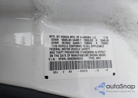2002 Honda Odyssey Ex z USA, uszkodzony, nr VIN 5FNRL18682B046953